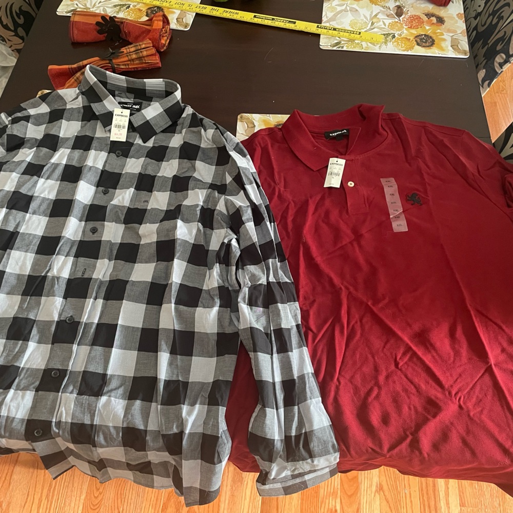 Express men red polo and black and white plaid checkered long sleeve button up